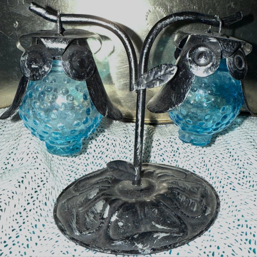 Vintage 1970’s Hobnail Blue Glass Owl Salt and Pepper Shakers